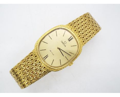 Omega - An 18ct gold cased Omega De Ville wristwatch on 18ct gold, woven Omega bracelet with snap clasp, 17 jewel 620 calibre