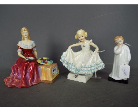 Three figurines comprising Royal Worcester # 3360 Masquerade, Royal Doulton Darling # HN1985 and Paragon Veronica, largest ap