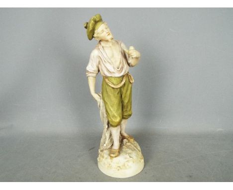 A large Royal Dux figurine depicting a standing fisher man holding a pipe and net, pink lozenge and impressed 1819 to the bas