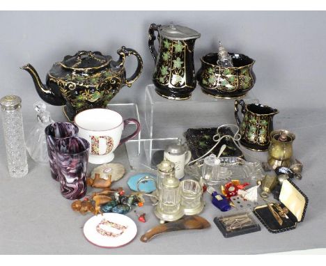 A mixed lot to include ceramics, glassware, silver topped sugar caster, plated ware, rolled gold cufflinks and tie clips, pow