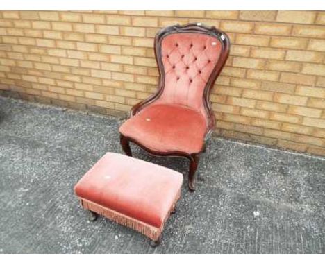 A button back bedroom chair with footstool, red upholstery  [2]   