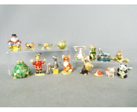 A collection of sixteen enamel / stone set trinket boxes, four containing necklaces with small pendants in the form of the tr