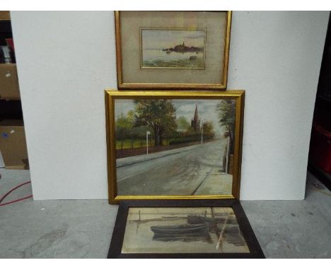 Three Original Paintings = W.G. Button, W Langan 1977 and one unknown artist scene of boats. widest frame is 70cm. (3).