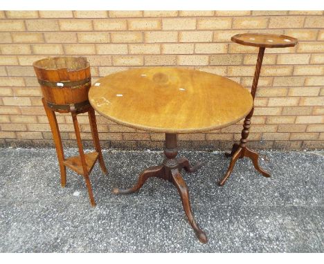 Lot to include a plant stand on tripod supports, approximately 91 cm x 34 cm, a circular tilt top table, approximately 71 cm 