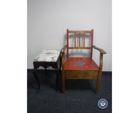 A painted commode armchair and dressing table stool 