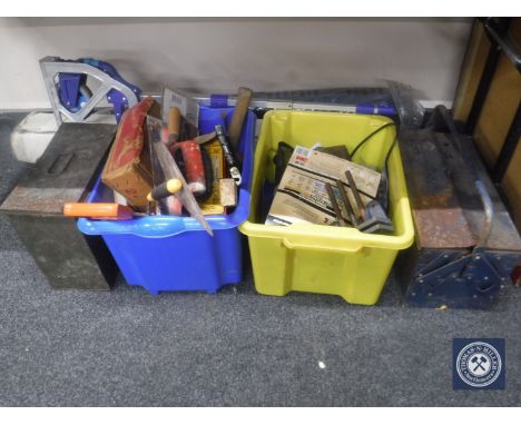 A metal ammo box and tool box of hand tools, two plastic crates of hand tools, bench vice, garden parasol and folding sack ba