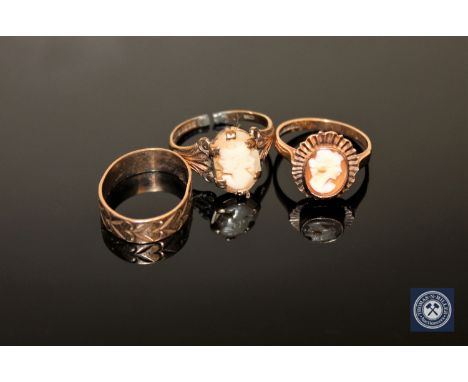 A 9ct gold band ring (a/f) and two 9ct gold cameo rings (3) CONDITION REPORT: 8.5g