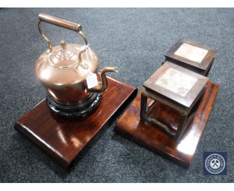 A Victorian copper kettle together with a pair of miniature Chinese hardwood marble topped tables, a pair of rosewood stands 