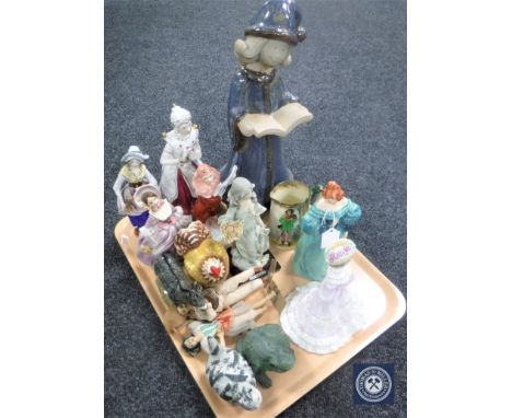 A tray of continental figures, Royal Doulton jug, Goebel Demure Elegance figure, Coalport Golden Age figure, Louisa at Ascot 
