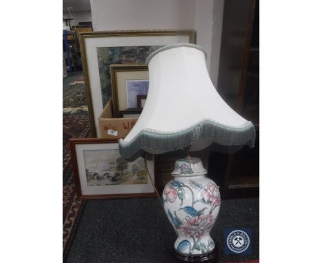 A floral pottery table lamp and a quantity of framed prints 