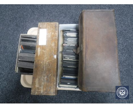 A tray of vintage leather case and three boxes of antique glass slides 