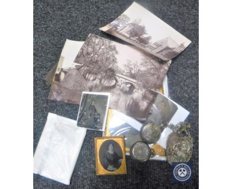 A box of 19th century Ambrotype, two silver cased fob watches, continental silver frame etc 