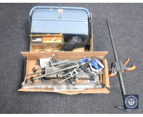 A boxed precision mitre saw together with a metal concertina tool box, Stanley handyman plane, electric drill together with s