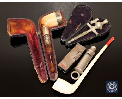 An antique wine tap in case, silver mounted Meerschaum pipe (a/f), another pipe, German whistle, Aiwa lighter