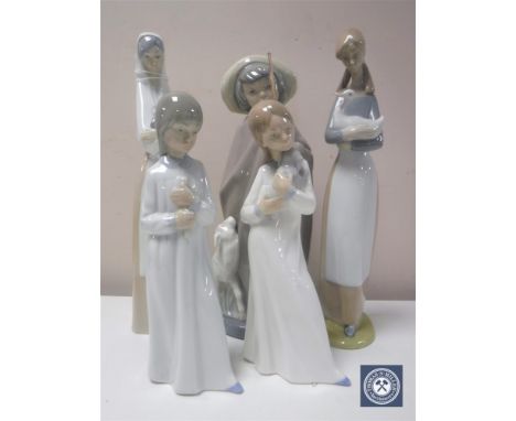 Five Nao figures including Shepherd with lamb, girl with puppy, girl with rabbit, girl with duck and girl in night dress  CON