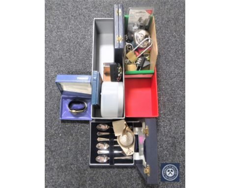 Two boxes of gold plated Tissot wrist watches, padlocks, keys, teaspoons, costume jewellery etc