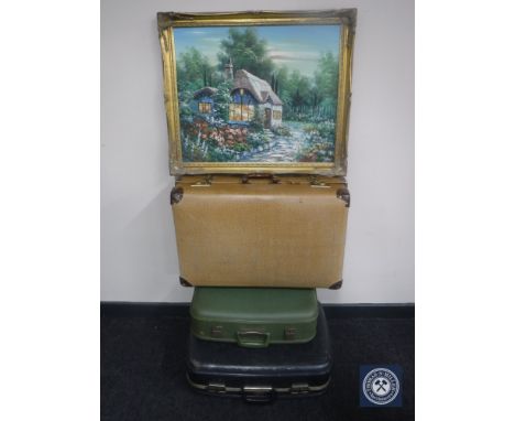 Three vintage cases and a gilt framed oil on board 