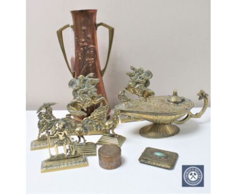 A tray of Arts &amp; Crafts copper vase, Eastern 'jeweled' brass oil lamp and compact, three pairs of brass ornaments etc