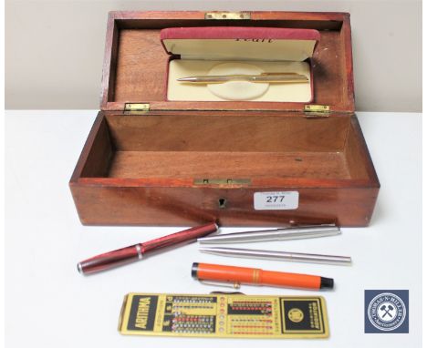 A mahogany box containing vintage Parker Duofold fountain pen with 14ct gold nib, another similar Parker fountain pen, severa