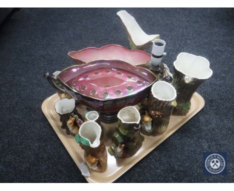 A tray of two Royal Winton vases, eight Hornsea vases and a Hornsea table lamp base 