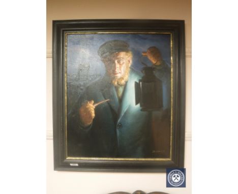 An oil on canvas depicting a sailor holding a lantern, indistinctly signed, 48 cm x 59 cm, framed.
