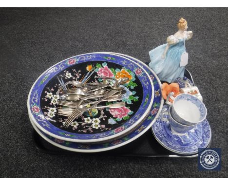 Two oriental style wall plates, pair of Spode blue and white cups, Royal Doulton figure  - Enchantment, miniature Wedgwood po