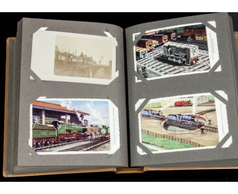 Postcards, Albuma collection of approx. 150 cards , mostly Locomotives, engines and carriages, RP of a country station, Thoma