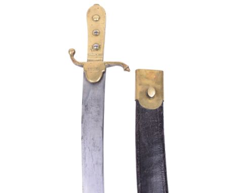 Continental Military Sidearm, probably Scandinavian, falchion shaped blade with clipped tip, recurved brass crosspiece engrav