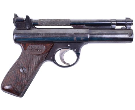 Good .177” Webley Senior Barrel Cocking Air Pistol No. 830 on end plate, fame with maker’s stamps filled with white paint, 2 