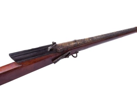 Indian Matchlock Gun Torador, barrel probably 18th century chiselled in low relief for its entire length with a repeated desi