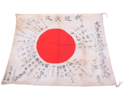 WW2 Japanese Signed Flag, being a white cotton example with red meatball stitched to the centre. The flag has been signed in 