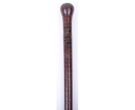 WW1 Period British Officers Cane, being a brown leather bound example with horn cap to the bottom and three horn bands toward