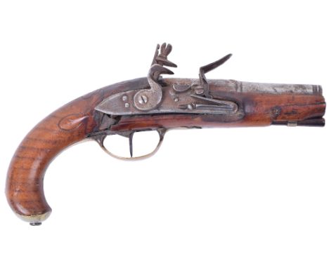 Continental Flintlock Overcoat Pistol c.1750, walnut fullstock carved with oak leaves and acorn, half octagonal barrel, brass