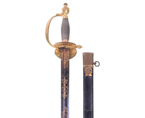 Good 1796 pattern Infantry Officers Sword, blade etched blued and gilt with crowned GR cipher, 1801-16 Royal arms, trophies o