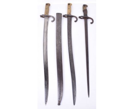 3x French Military Bayonets, consisting of French brass hilted Chassepot bayonet complete with miss-matched scabbard; another