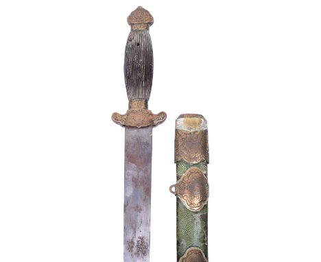 Chinese Qing Dynasty Short Sword Jian, straight shallow diamond section blade, brass mounts with conventional decoration of b