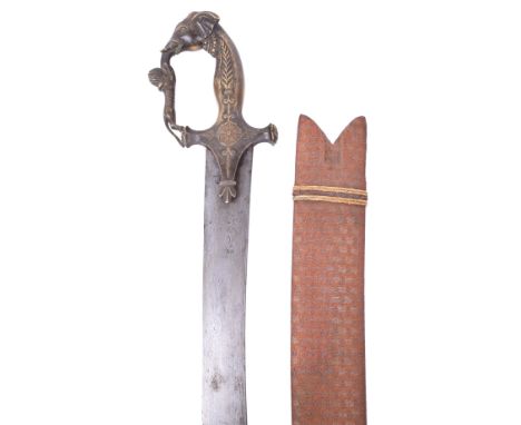 Unusual Indian Sword Tulwar from Mysore, broad curved pattern welded blade engraved with the Armoury inscription of Krishnara