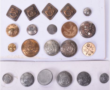 2x Cards of Early Tunic Buttons, mostly all Military types, including five crude pewter buttons, Victorian 57th Middlesex reg