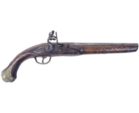 Decorative Turkish Copy of a Flintlock Holster Pistol, old barrel, brass mounts, stock inlaid with scrolling brass wire. Over
