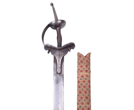 Large Late 17th Century Indian Sword Firangi, broad straight single edge blade cut with 2 narrow fullers and stamped with sma