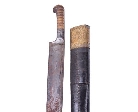 Afghan Khyber Knife, 19th century, ‘T’ section blade, 2 piece riveted horn grips, steel grip strap, in its leather covered sc