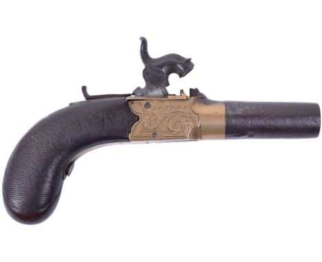 Brass Framed Boxlock Percussion Pocket Pistol, frame foliate engraved with EGG LONDON, Birmingham proved, turn off barrel, fi