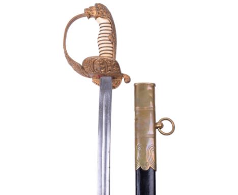 Imperial German Naval Officers Sword, slender slightly curved single edge blade cut with a single fuller and etched with crow