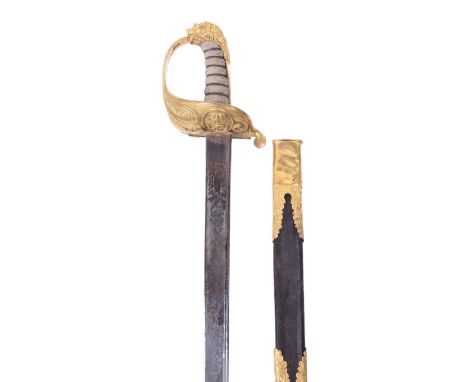 Fine Quality Italian Naval Officers Sword by V. Labruna of Naples, dated 1854, pipe back blade etched and polished with crown