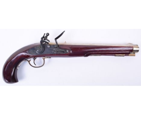 Modern Copy of a Kentucky Flintlock Pistol, plated octagonal barrel, brass mounts, fully stocked, lock plate stamped MR1974. 