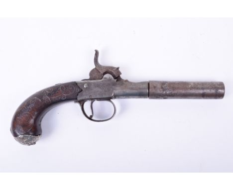 Queen Anne Style Boxlock Pocket Pistol Converted to Percussion, frame engraved T.Archer, rounded walnut butt inlaid with silv