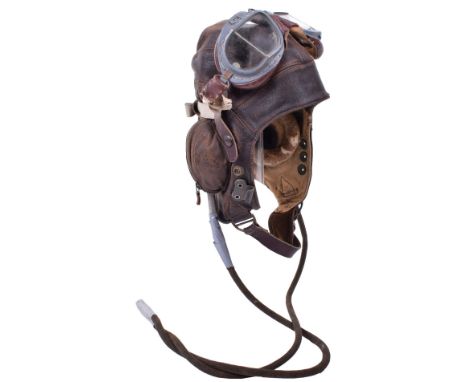 Fleet Air Arm C-Type Flying Helmet & Mk VIII Goggles Worn by Lieutenant Commander C A A Rayner, brown leather C-Type flying h