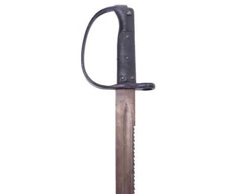 British 1879 Artillery Pattern Martini Henry Sword Bayonet, with black painted steel knucklebow guard. Two piece black leathe