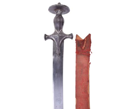 Indian Sword Tulwar c.1800, curved single edge blade, iron hilt with silver koftgari decoration, faceted grip and disc pommel