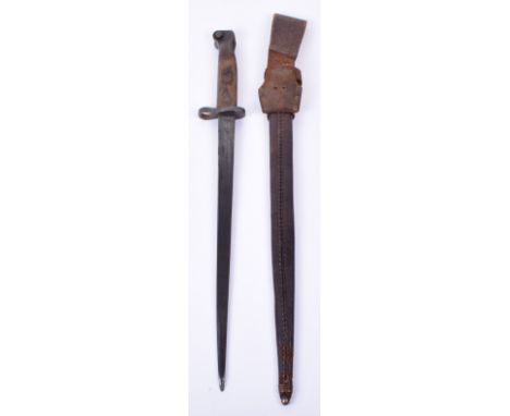 Netherlands M1895 Mannlicher Rifle Bayonet, two piece wooden grips and steel muzzle ring. T shaped blade with double edged po